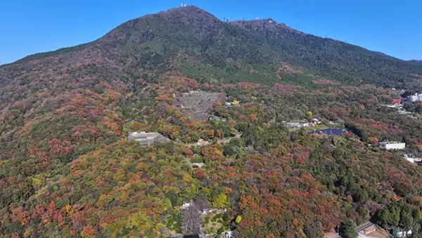 みかん園付近からの空撮による筑波山の紅葉風景
