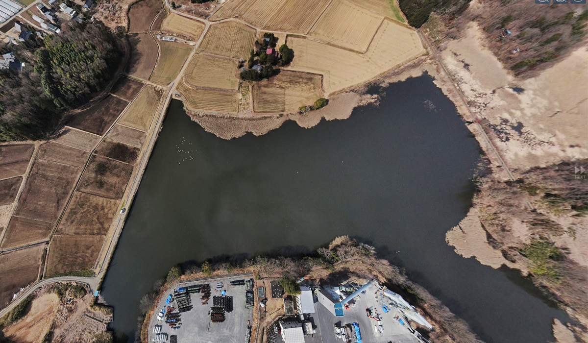 桜川市の白鳥飛来地の大池空撮写真
