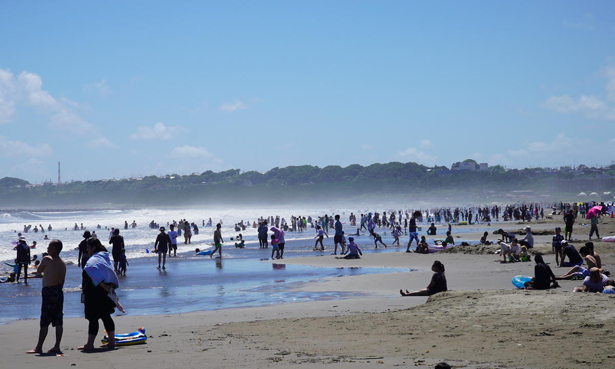 茨城県大洗町の大洗サンビーチの北側からの第１・第2サンビーチの海水浴の様子VRツアー
