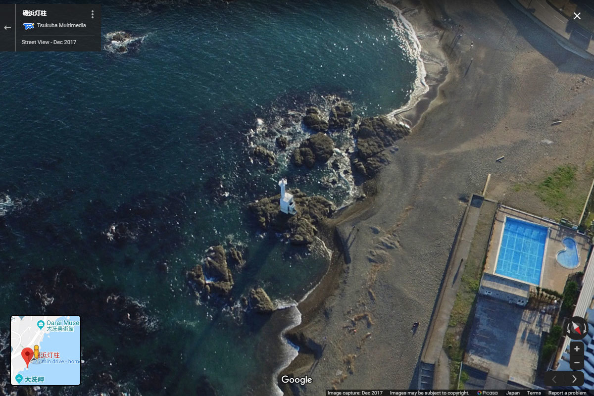 大洗町の大洗海岸 磯浜灯柱（旧大洗岬灯台）おすすめ観光スポット空撮Googleストリートビュー