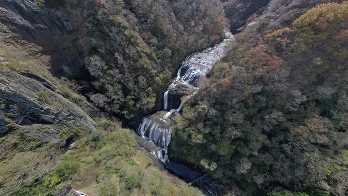 Aerial photograph of Fukuroda Falls in Daigo Town and link to VR tour