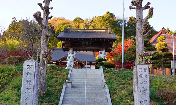 Photo of the autumn foliage scenery at the temple gate pillars and main gate of Jomyo-ji Temple in Daigo Town, Ibaraki Prefecture.