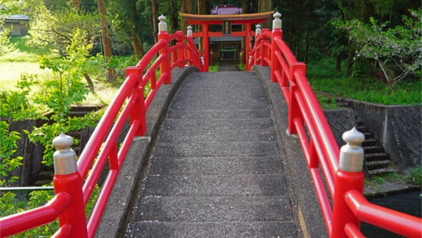 Drum bridge and torii gate landscape of Koshikata Shrine in Daigo Town
